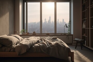 Cityscape bedroom with wooden bed, linens, beige walls and window view. Generative AI