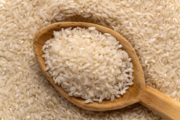 Carolina plantation rice texture background and wooden spoon, closeup. South Carolina golden rice.
