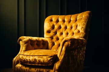 A lavish armchair in bright yellow crushed velvet. Generative AI