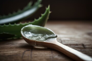 Fresh aloe pulp in spoon for cosmetic use on wooden surface. Generative AI