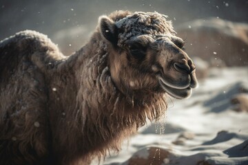 A camel in Sahara's snowy desert due to a climate anomaly. Generative AI