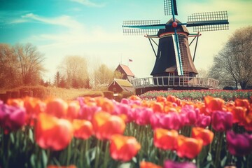 Watercolor style background frame with windmill and tulips in the Netherlands. Generative AI