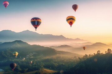 Colorful hot air balloons soaring over mountains in Huai Nam Dang National Park at sunrise in Chiang Mai, Thailand. Generative AI