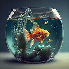 Naklejka na ściany i meble Goldfish in a fishbowl with water drops. 3d rendering