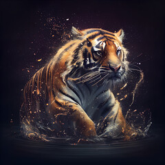 Tiger in water with splash on dark background. Digital painting.