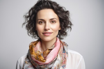 Pet portrait photography of a pleased woman in her 30s wearing a foulard against a white background. Generative AI