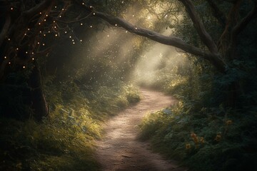A sparkling path winds through a magical woodland. Generative AI