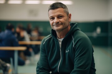 Portrait of a smiling mature man sitting in a classroom at university