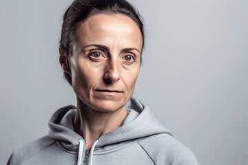 Obraz premium Portrait of a middle-aged woman in a gray hoodie on a gray background