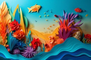 Obraz na płótnie Canvas Colorful paper artwork depicting ocean in summer. Eye-catching illustration. Generative AI