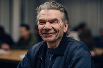 Fototapeta na wymiar Portrait of a smiling senior man sitting in a classroom at university