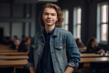 portrait of smiling young man in denim jacket standing in lecture hall
