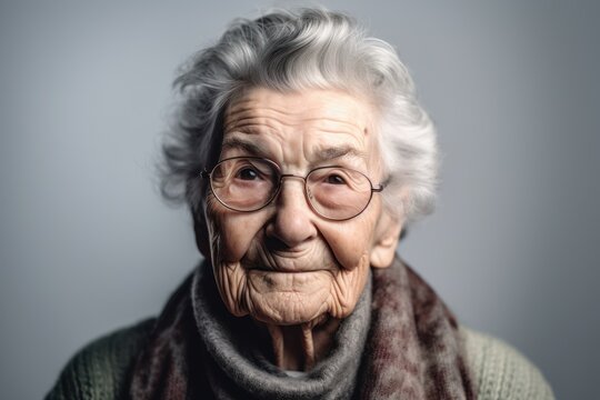 Portrait of an old woman with glasses on a gray background.