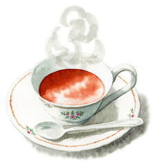 アナログ水彩高級ブランド風ティーカップに注がれた熱い紅茶 - obrazy, fototapety, plakaty