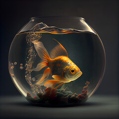 Naklejka na ściany i meble Goldfish in a round aquarium with stones on a dark background.