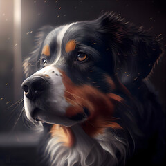 Portrait of a Bernese mountain dog on a dark background.