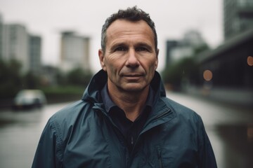 Fototapeta premium Portrait of a handsome middle-aged man in a raincoat