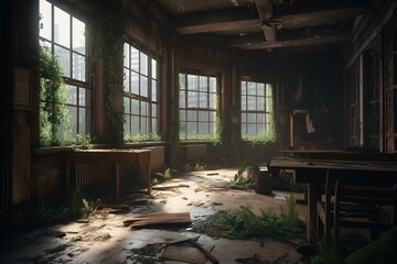 Desolate environment of an abandoned building in The Last of Us video game. Generative AI