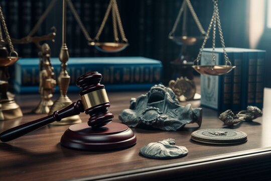 Legal symbols on court backdrop. Generative AI