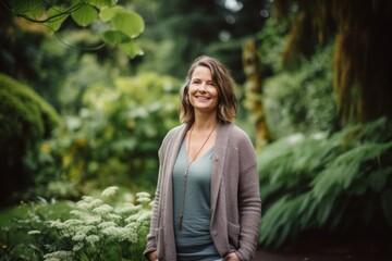 Fototapeta premium Portrait of a beautiful woman standing in the garden. She is smiling.
