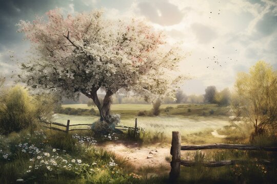 A springtime landscape depicted in watercolor with a blossoming tree in a meadow. Generative AI