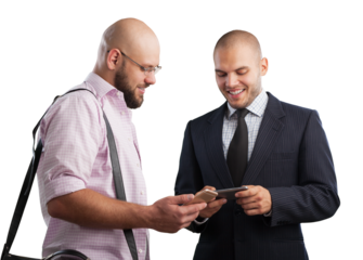 Happy young business couple speaking