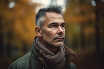 Fototapeta premium Portrait of a handsome man in the autumn park. Men's beauty, fashion.