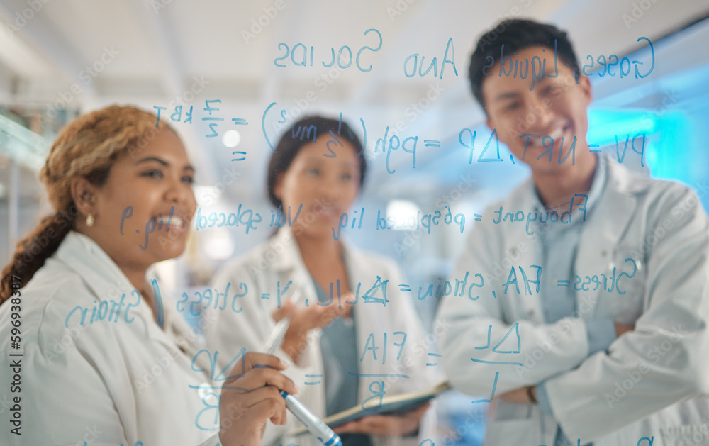 Poster planning how to achieve their success. shot of a group of lab workers brainstorming ideas.