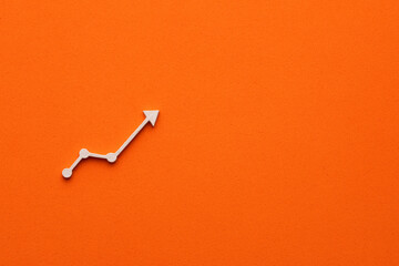 white statistics arrow up on orange color background - flat symbol for web site design or logo