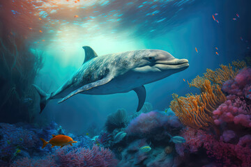 Fototapeta na wymiar Dolphin swimming in the under sea , Beautiful Underwater and colorful coral in wild nature of the Pacific Ocean, generative AI
