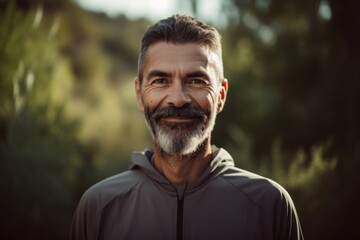 Portrait of a handsome mature man in sportswear smiling at camera while standing outdoors
