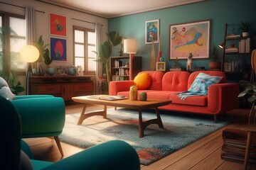 Modern living room with colorful cartoon furniture illustration. Generative AI