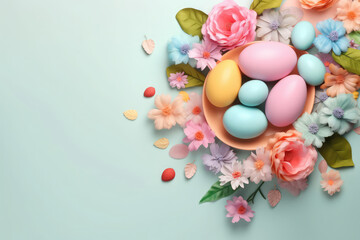 Fototapeta na wymiar Happy easter day celebration concept, Colorful Easter eggs and flowers background, generative Ai