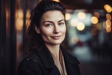 Obraz premium Portrait of a beautiful young woman in a black coat in the city