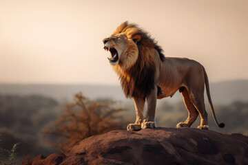 Fototapeta na wymiar King of Lion roaring looking regal standing on small hill, generative AI