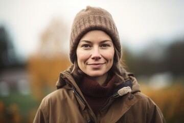 Portrait of a smiling woman in a warm coat and hat in the autumn park