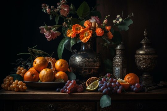 Colorful still life painting with symbolic objects such as flowers, fruits, and skulls. Generative AI