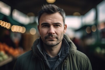 Portrait of a handsome man in a green jacket at the market