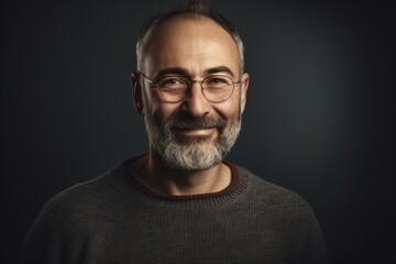 Obraz premium Portrait of a smiling mature man in glasses on a dark background