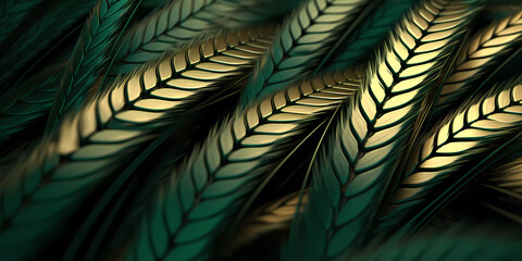 Wheat patterns metallic background, green and gold