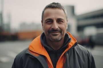 Fototapeta premium Portrait of handsome middle-aged man in an orange jacket.