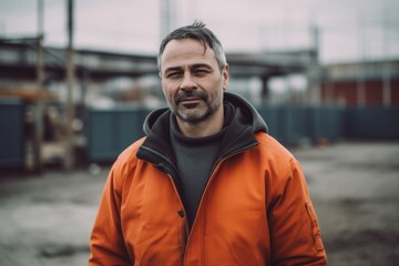 Fototapeta premium Portrait of a man in an orange jacket in an industrial area