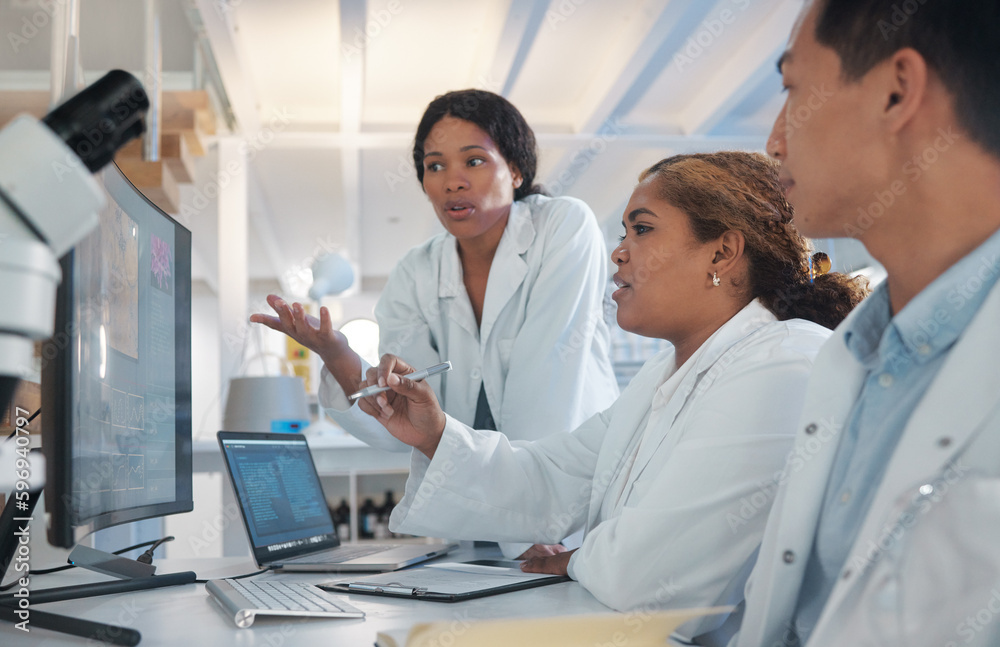 Poster bringing the fields most interesting minds together. shot of a group of lab workers brainstorming id