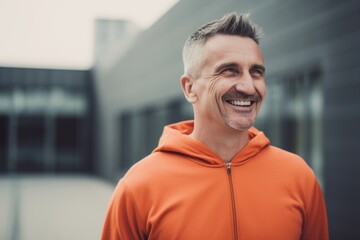 Fototapeta premium Portrait of handsome mature man in sportswear looking at camera and smiling while standing outdoors