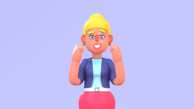 3d animation of cute blonde woman celebrating success, achievement