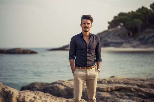 Medium shot portrait photography of a satisfied man in his 30s wearing a smart pair of trousers against an island or beach paradise background. Generative AI
