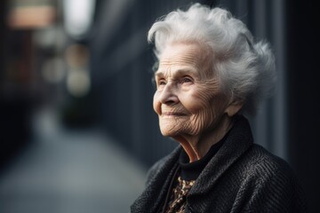 Portrait of an old woman on a background of the city.