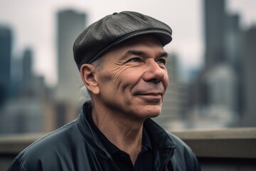 Environmental portrait photography of a pleased man in his 50s wearing a cool cap or hat against a futuristic city or skyline background. Generative AI - obrazy, fototapety, plakaty