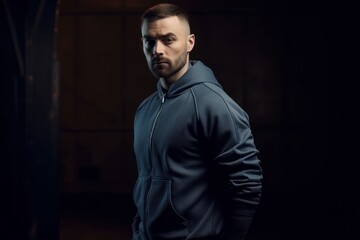 Obraz premium Portrait of a handsome man in a black sportswear on a dark background