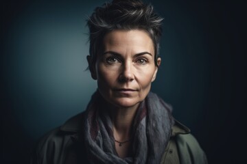 Obraz premium Portrait of a sad woman in a coat on a dark background